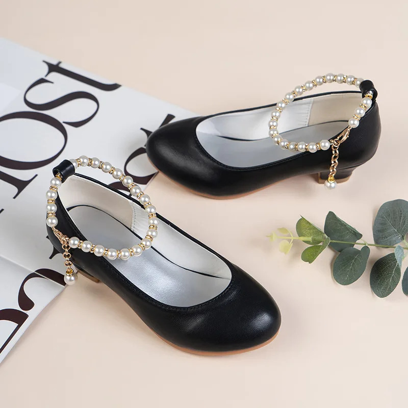 Girls High-heeled Leather Shoes Spring Childrens High-heeled Middle-aged Kids White Wedding Host Show Princess Dress Shoes 241217