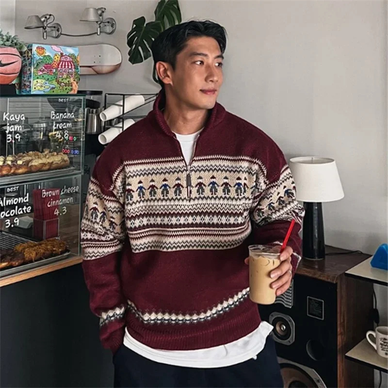 WInter Fair Isle Half Zip Polo Neck Sweaters For Men Y2K Vintage Christmas Knitted Pullovers Red Knitwear Man 241220