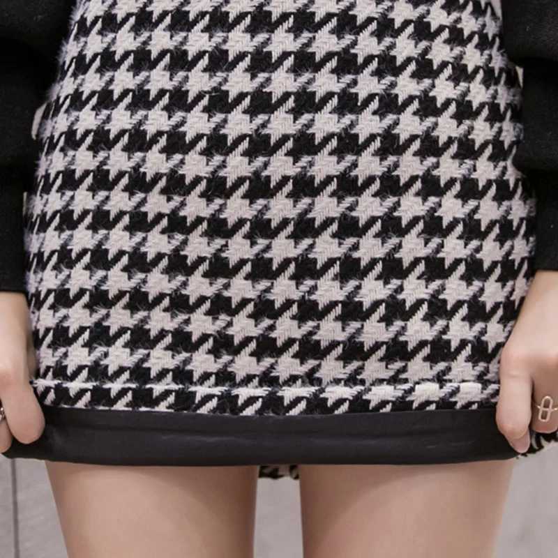 High Waist Retro Houndstooth Winter Wool Pencil Skirt For Women 2023 Casual Vintage Plaid Slim Short Saias FemmeXJ241221