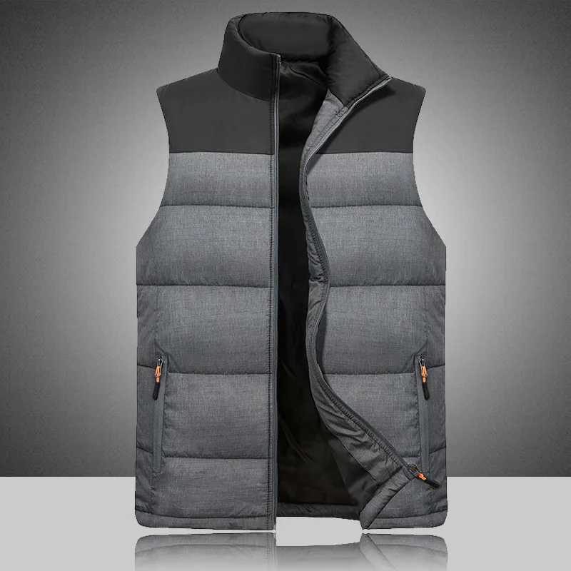 2023 Autumn and Winter Mens Solid Color Zipper Spliced Cardigan Pocket Cotton Tank Top Standing Collar Vest Jacket Fashion TopsXJ241221