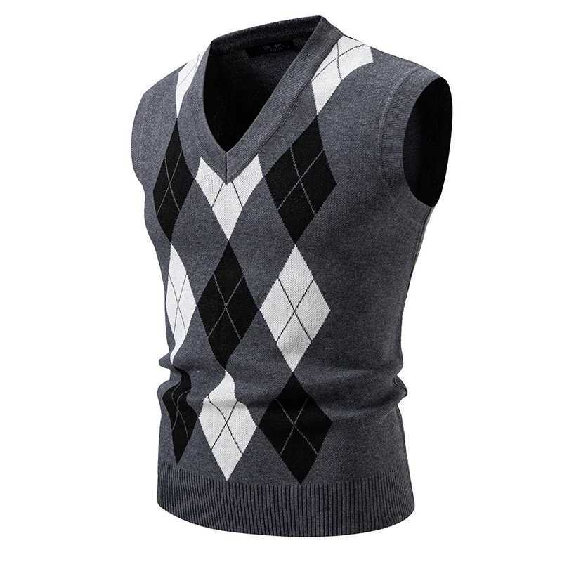 Autumn and Winter New Knitted Vest V-neck Diamond Grid Pullover Sweater Vest Mens SweatersXJ241221