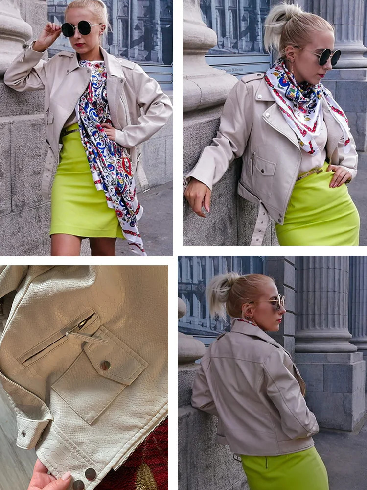 Ftlzz Spring Autumn Women Faux Leather Jacket Slim Streetwear Khaki Coat Biker Moto with Belt Female Outerwear 241216