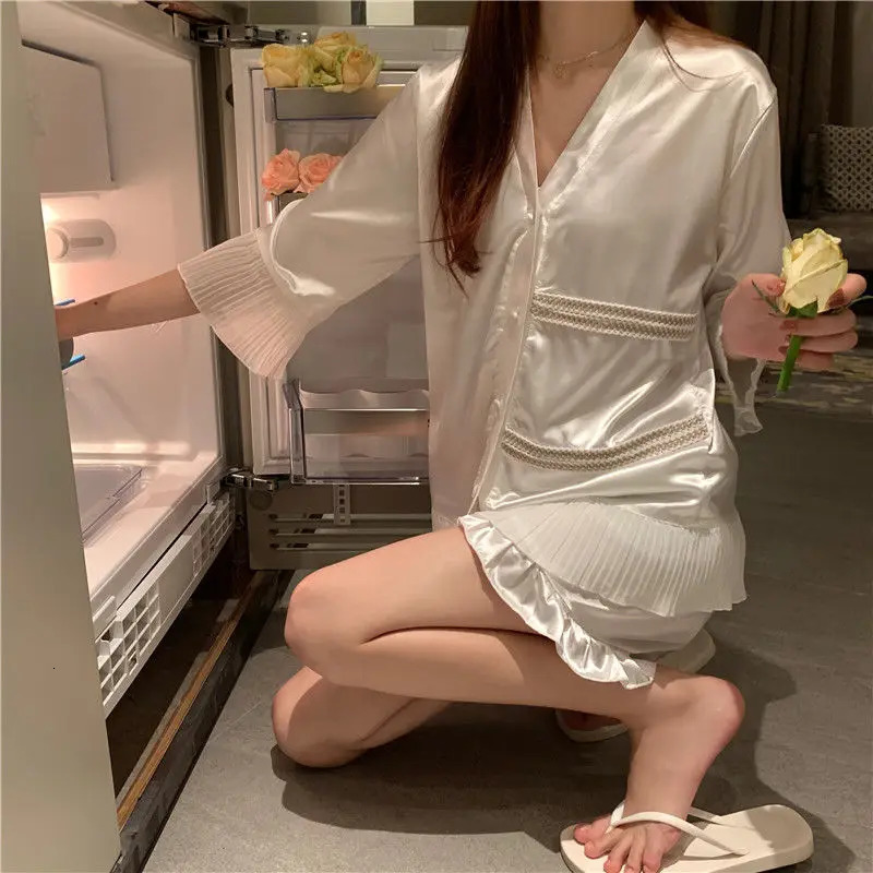 2pcs Silk White Elegant Casual Women Lady Satin Pajamas Set Pyjama Sleepwear Nightwear Loungewear Homewear Set Woman 2 Pieces 241217