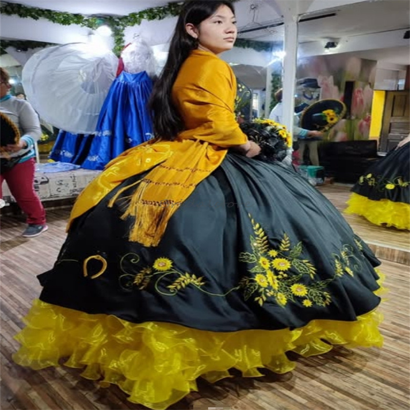 Black Quinceanera Dress Mexican Theme Charro Embroidery Flower Birthday Party Gown With BowVestidos De 15 Anos Xv Debutante Halloween Cosplay Sweet 16