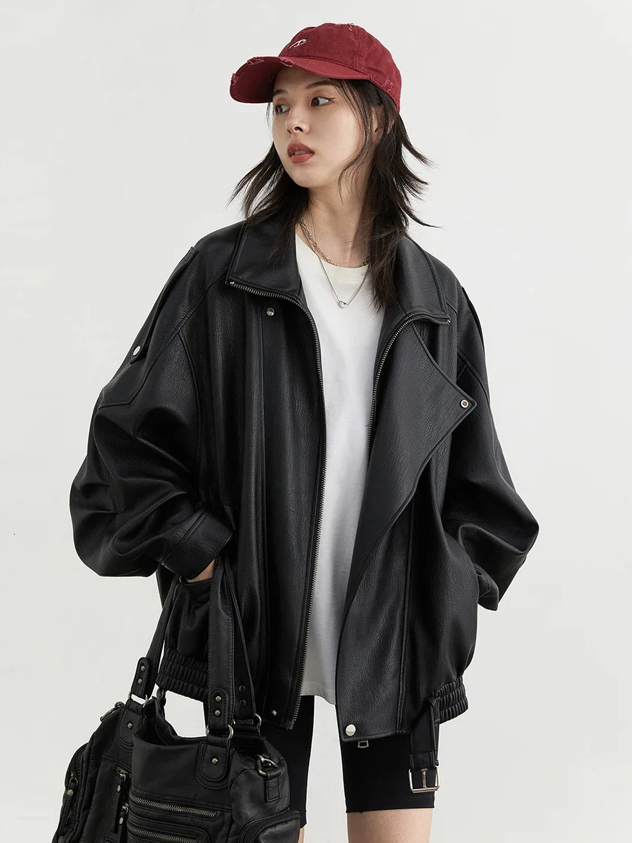 CHIC VEN Female PU Jacket Solid Loose Retro Standing Collar Motorcycle Faux Leather Coat Top Spring Autumn 241216