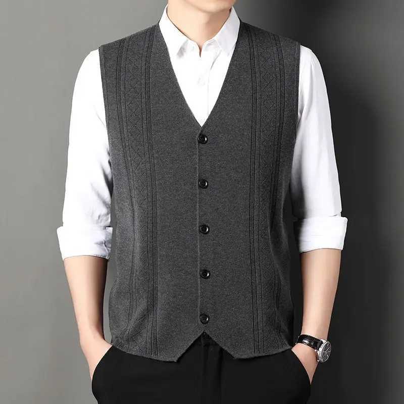 Fashion High-end Smart Casual Pure Wool Sweater Knitted Tank Mens Solid V-neck Button Patchwork Screw Thread Sleeveless VestXJ241221