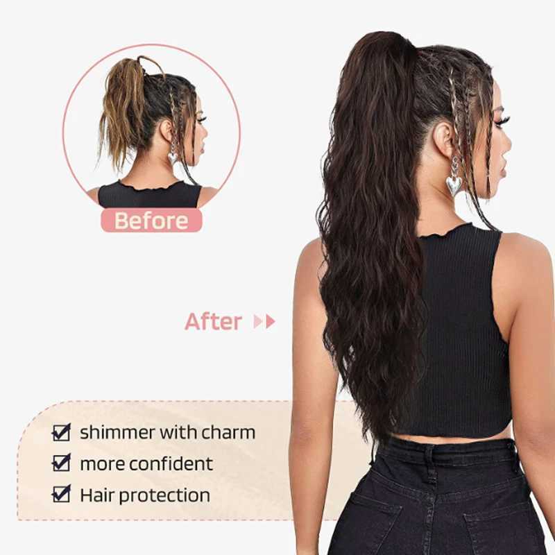 22Inch Long Synthetic Water Wave Curly Ponytail Drawstring Clip in Hair Natural color Extension for WomenXJ241221
