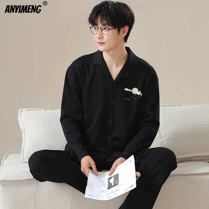 Autumn and winter mens cotton sleepwear long sleeved pants black and white sleepwear set plus size L-3XL lapel mens sleepwear W241221