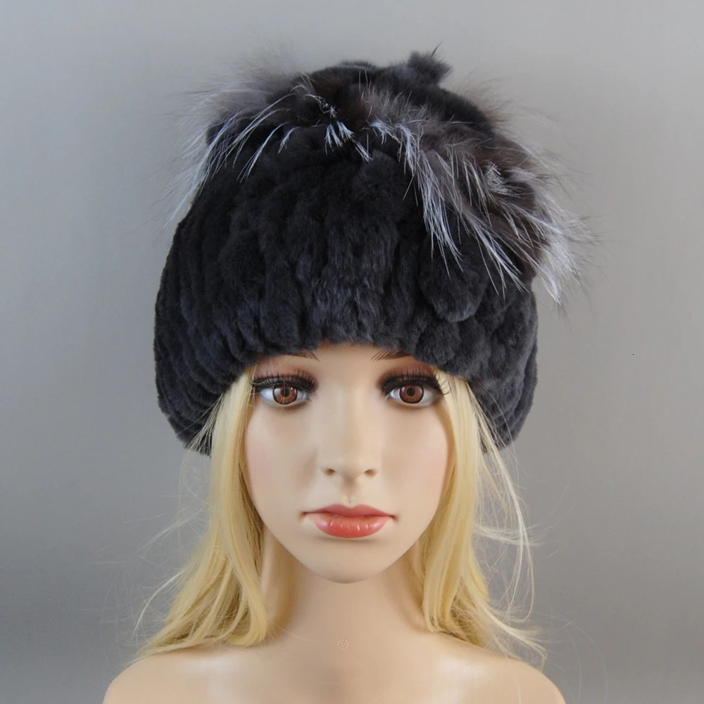 Women Fur Hat For Winter Handmade Natural Rex Rabbit Fox Fur Cap Russian Female Fur Headgear Warm Beanies Cap 241214