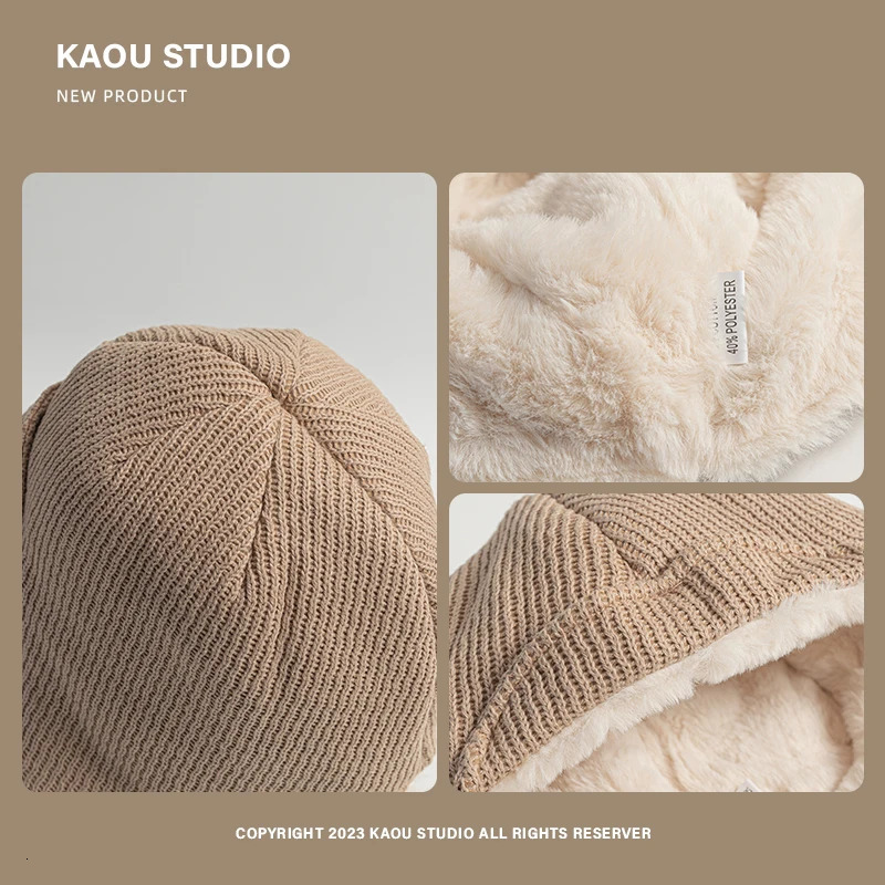 WInter solid color knitted Lei Feng hat mens and womens velvet skiing ear protection bicycle Russian hat bomber hat 241220