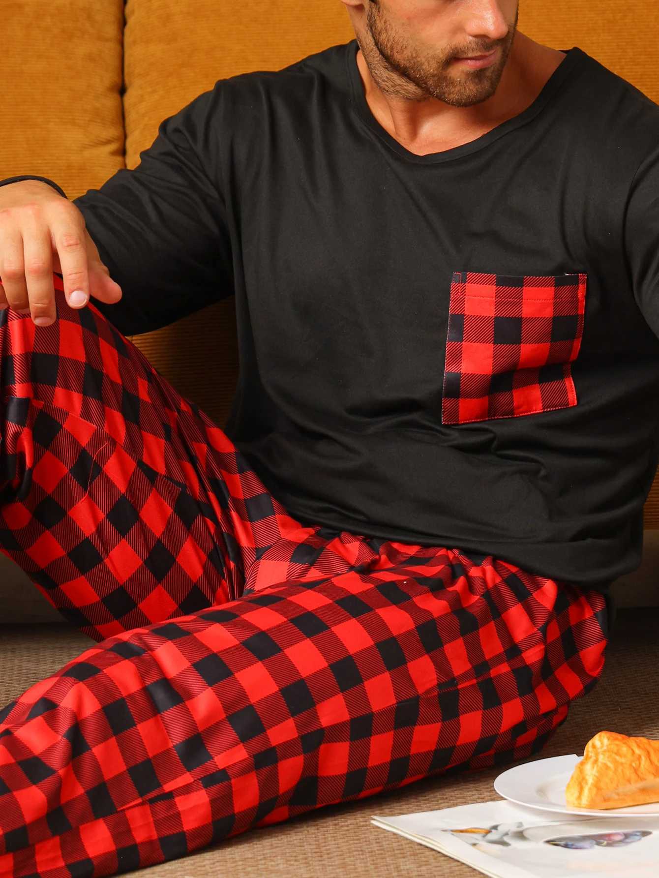 Two piece set of mens pajamas autumn and winter sleeping pants checkered pajamas set W241221