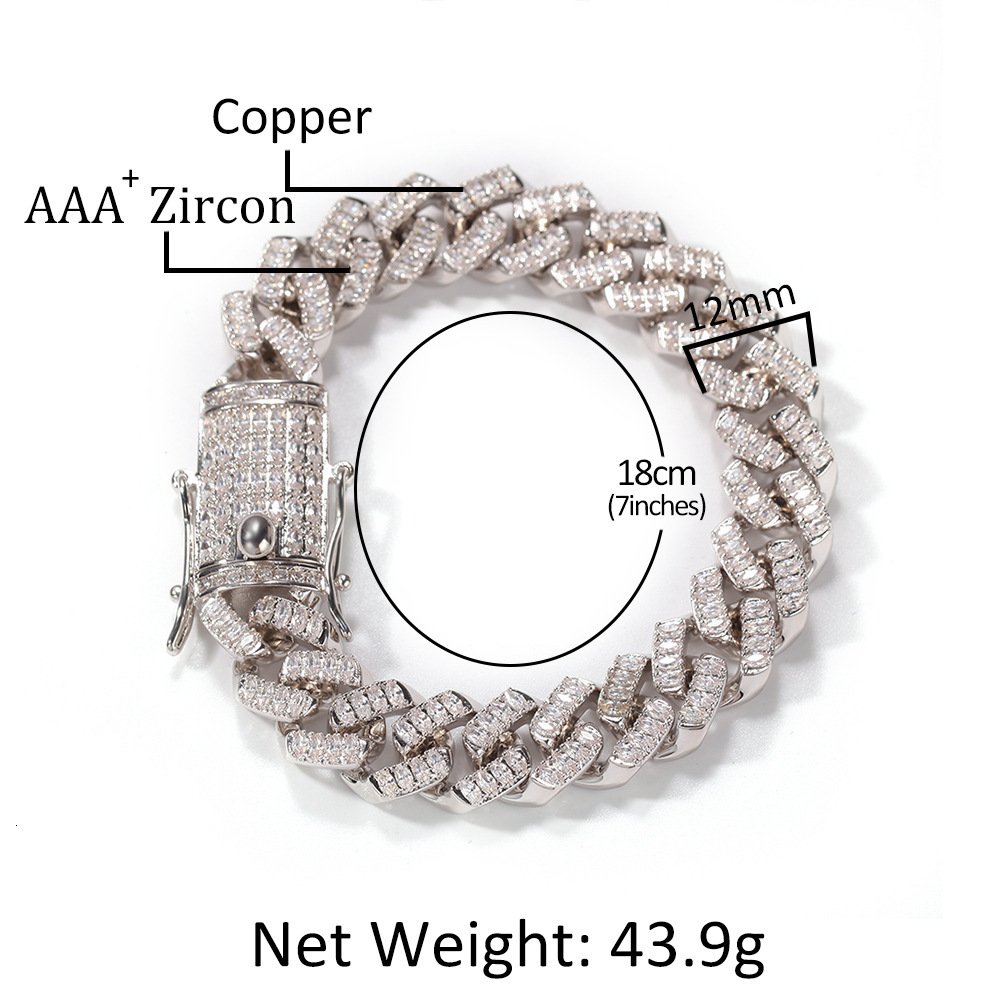 Fine Quality Iced Out Full Baguette Cubic Zirconia Mens Bracelet New In White Gold Prong Cz Stones Cuban Link Chain Bangle Bracelets Hip Hop Jewelry P