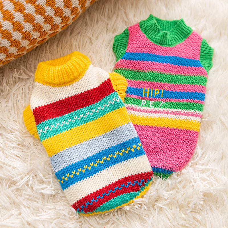 Simple colored striped sweater for dogs in autumn and winter, warm winter knitted sweater, pullover, two legged clothes, pet dog clothes