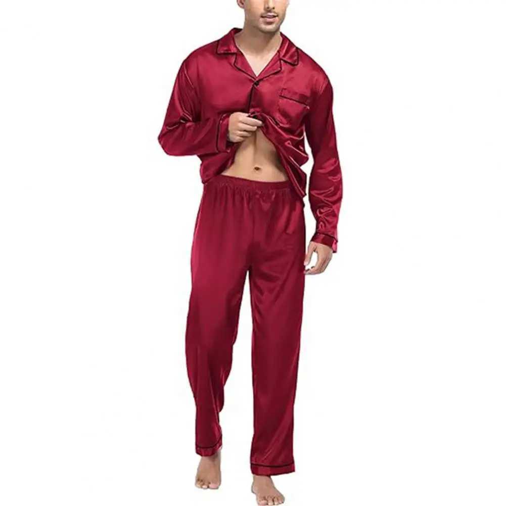 2-piece/set silk satin mens sleepwear set buttoned sleepwear top chest pocket long pants set comfortable sleepwear W241221