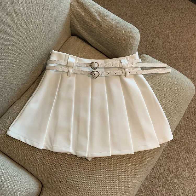Women Pleated Mini Skirt with Dual Heart Belt for Teen-girl High Waist Tennis Skirt Preppy Summer Y2K OutfitXJ241221