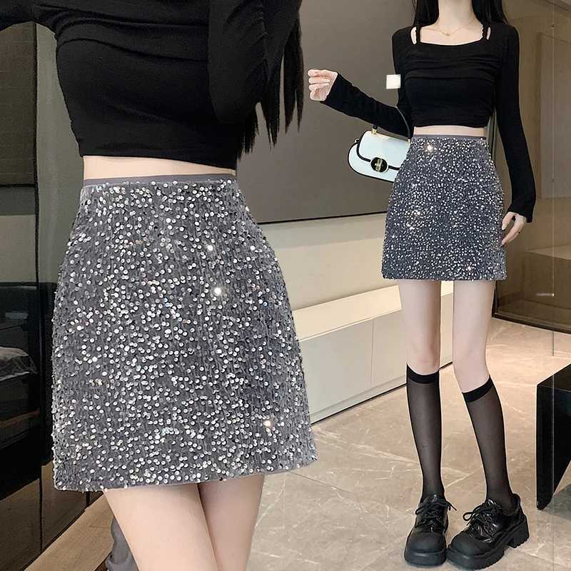 Womens New 2024 Summer Sexy Casual High Waisted Slim A-line Buttock Short Skirt Womens Design Silver Sparkling Glitter SequinXJ241221