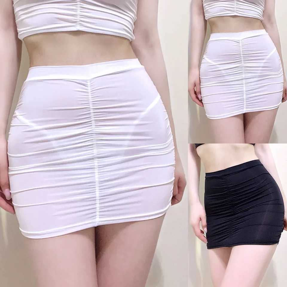 Women Sexy Transparent Mesh Pleated Buttocks Wrapped Lingerie Club Short Mini Skirt Sheer Nightwear Smooth Ladies Short SkirtsXJ241221