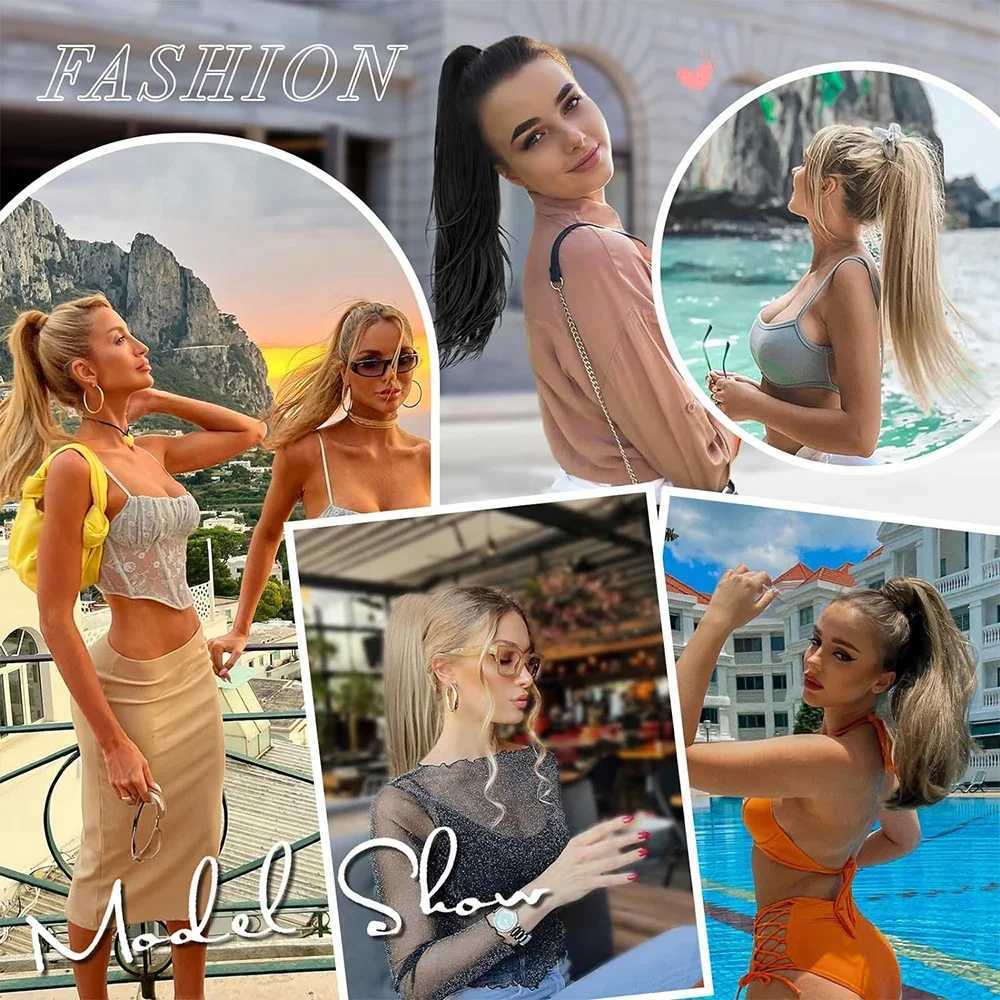 Synthetic Claw Clip On Ponytail Extensions 18Inch Long Natural Wavy Horse Tail Blonde Brown Fake Tail for Women Daily UseXJ241221