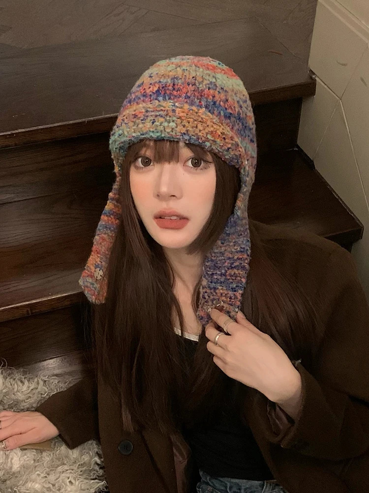 Niche retro handmade knitted hat for women automatic winter wool hat color comparison warm earmuffs flying hat Lei Feng hat for men 241220