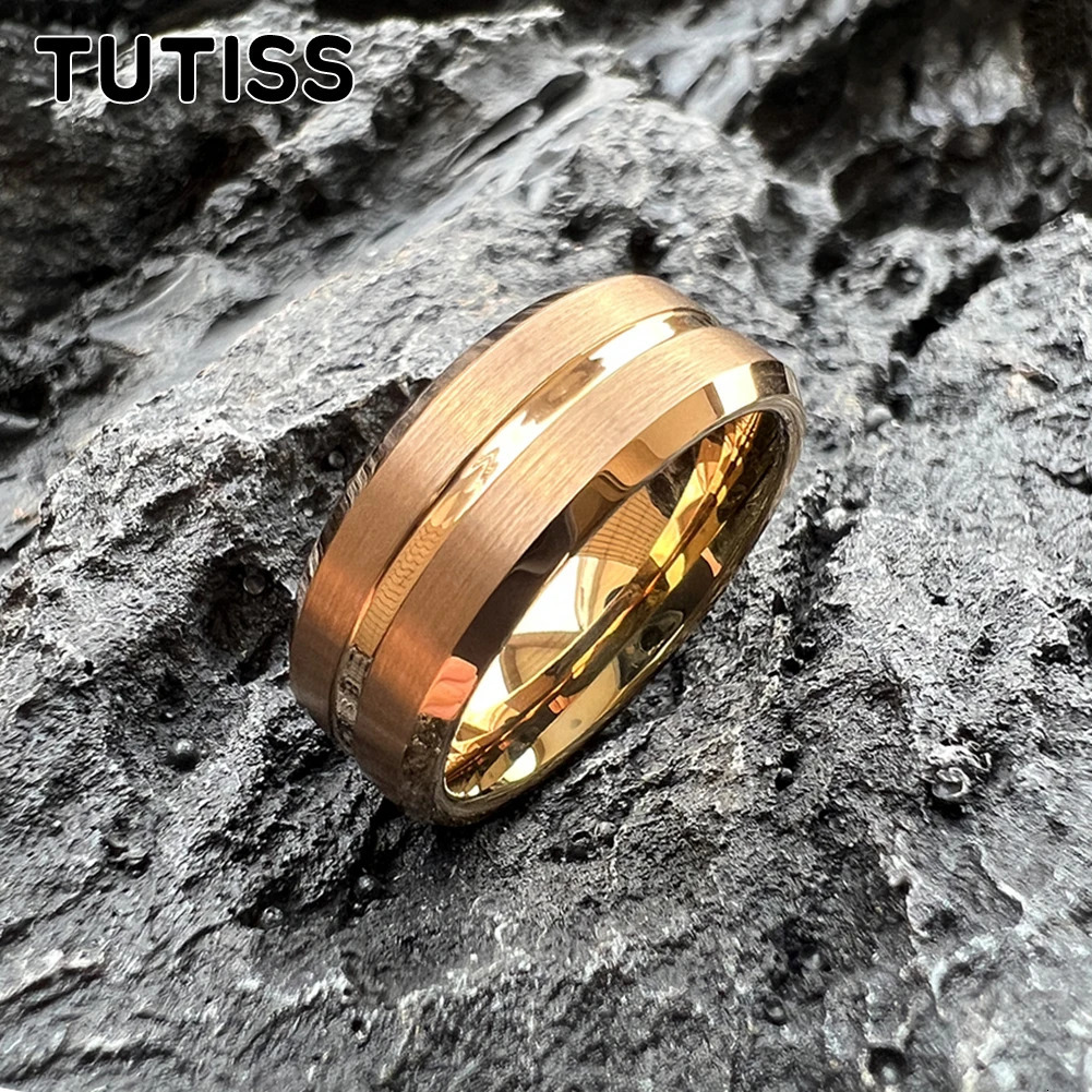 TUTISS 8mm Artificial gold Rose Color Tungsten Carbide Ring Men Women Wedding Band Center Groove Brushed Beveled Edges 241220