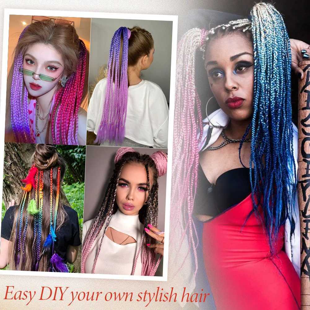 Synthetic Rainbow Color Braids Pony Tail with Elastic Band Colorful Braided Ponytail Hair Extension 24 Inches for Women GirlsXJ241221