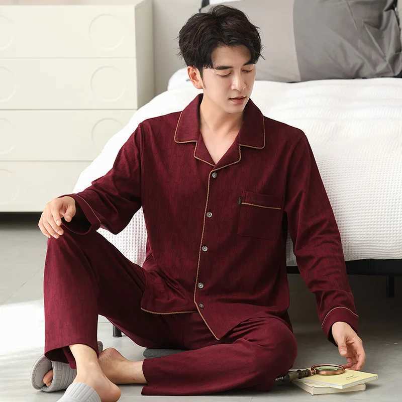 High quality M-4XL mens sleepwear set 100% pure cotton lapel sleepwear mens autumn sleepwear W241221