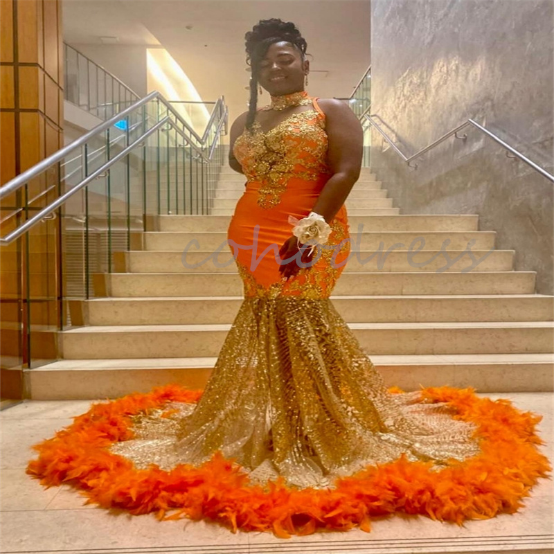 Luxury Orange Prom Dresses With Feather Sparkly Sequin Mermaid Evening Gowns Sleeveless African Black Women Party Vestidos De Fiesta 2025 Noche Plus S