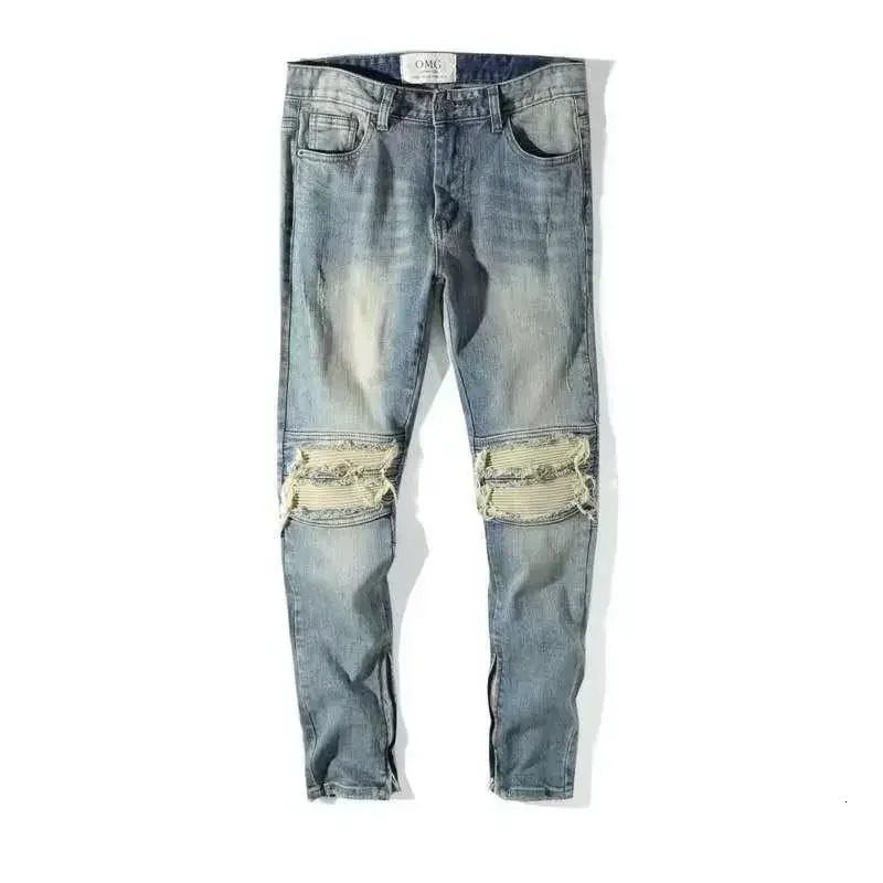 Male Cowboy Pants Punk Broken Jeans For Men Slim Fit Trousers Ripped Skinny Torn Tight Pipe With Slits Holes Stylish Denim 241218