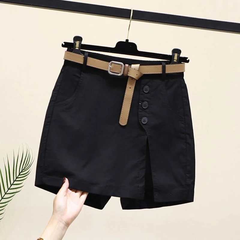 Chic Shorts Women Belt Korean Solid Buttons Side Slit A-line Streetwear Fashion Skirts Chic Harajuku Summer Loose PantsXJ241221