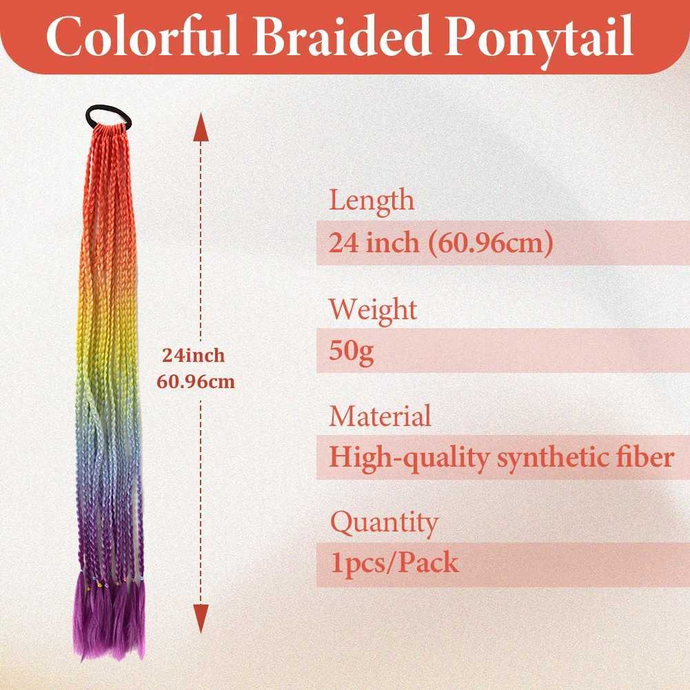 Synthetic Rainbow Color Braids Pony Tail with Elastic Band Colorful Braided Ponytail Hair Extension 24 Inches for Women GirlsXJ241221