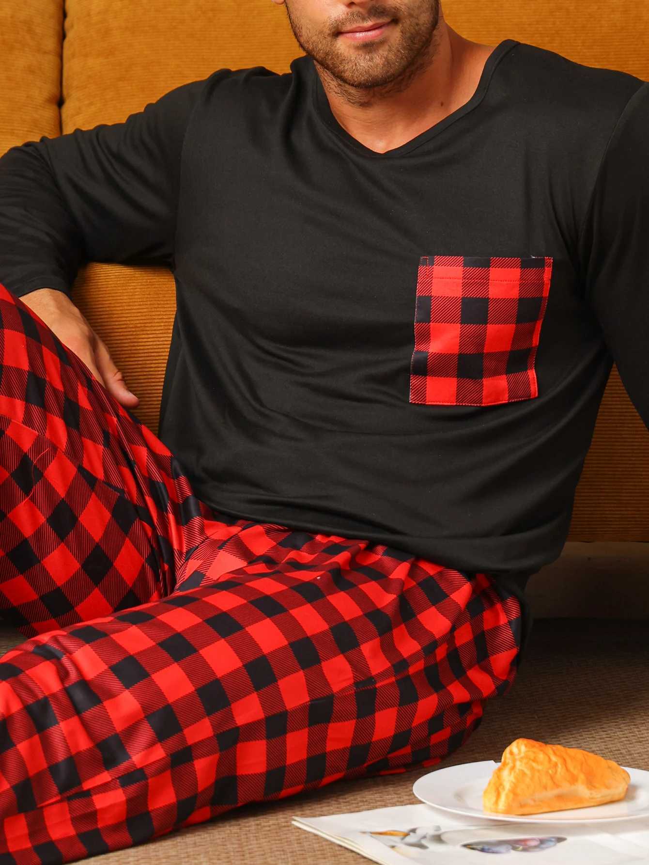 Two piece set of mens pajamas autumn and winter sleeping pants checkered pajamas set W241221
