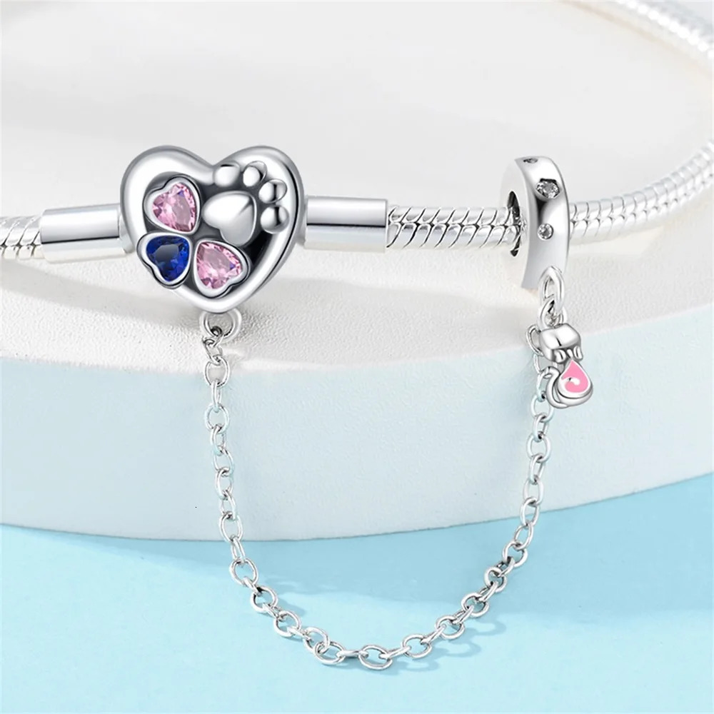 Cute 925 Sterling Silver Clover Love Cat Footprint Safety Chain Bracelet Womens Pet Party Jewelry Accessories 241214