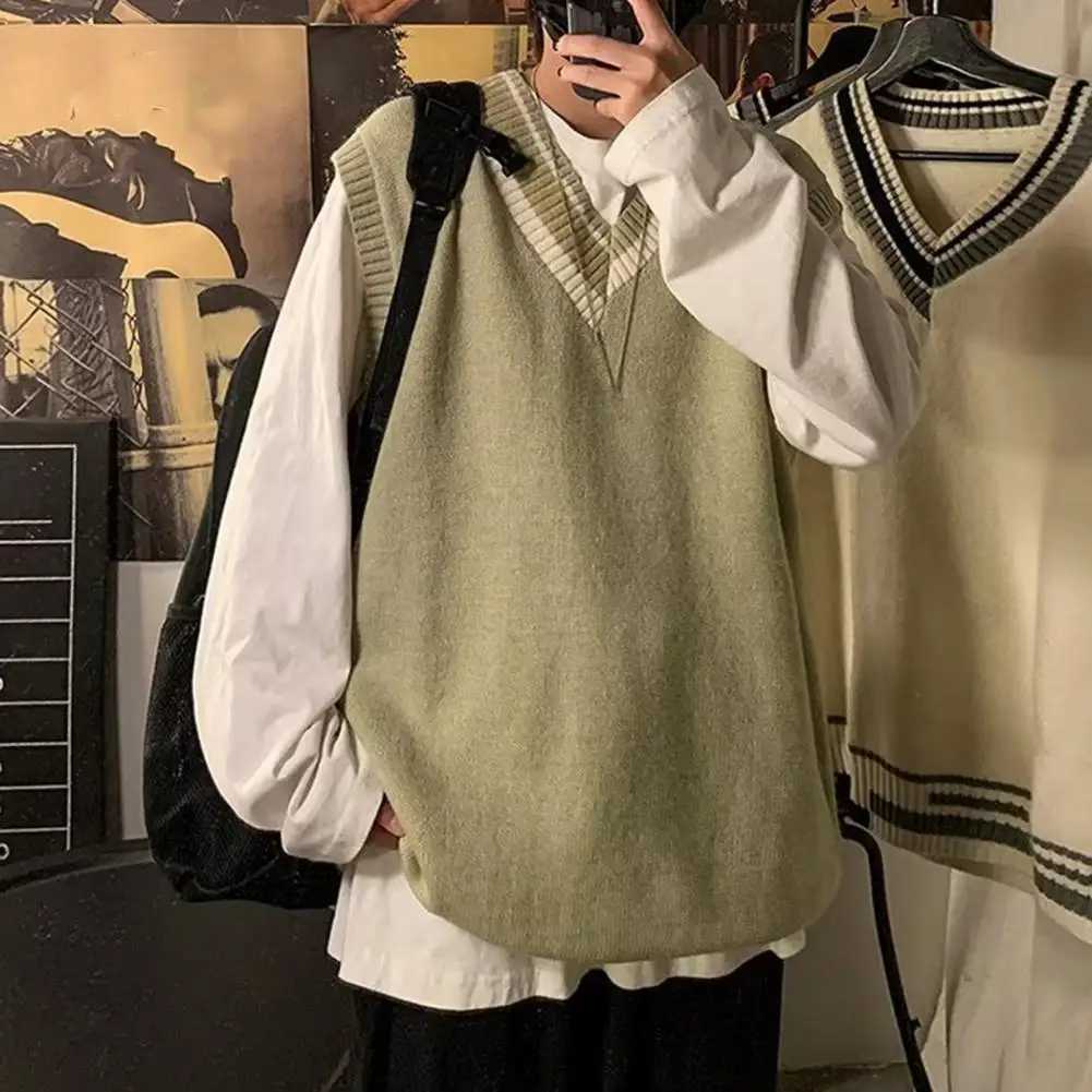 Sweater Vest Men Thicken V-neck Sleeveless Knitted Sweaters Vests Striped Retro Preppy-style Simple Chic Loose CasualXJ241221