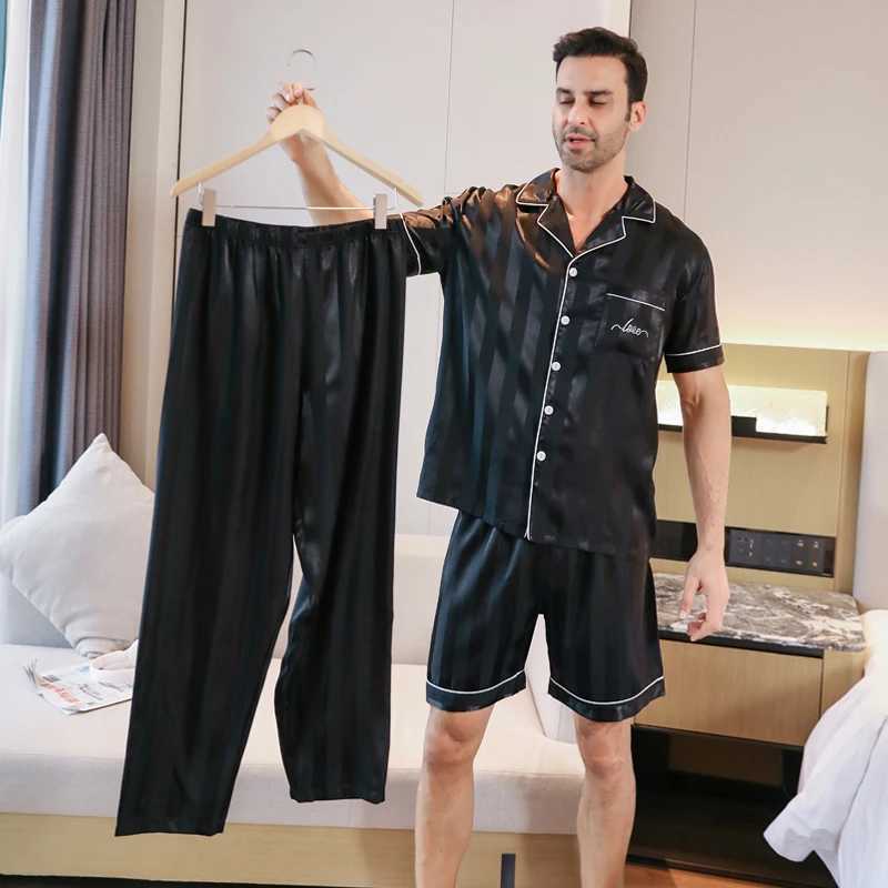 3-piece set of combination pajamas mens short sleeved pants ice silk summer stripes embroidered pajamas W241221