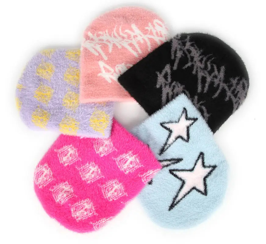 Ultra Soft Y2K Custom Furry Hairy Graphic All Over Print Jacquard Mohair Beanie Skull Cap 241214