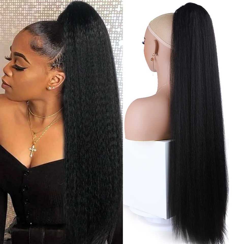Extra Long Yaki Straight Synthetic Ponytail Extensions 30 Inch Synthetic Drawstring Ponytails Puffy Yaki Straight Hair ExtensionXJ241221