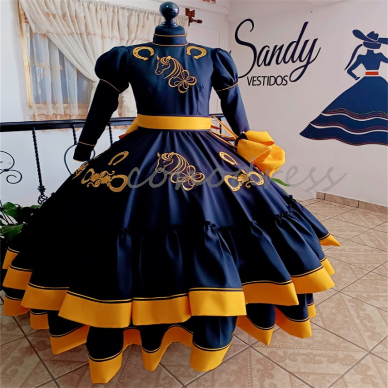 Mexican Black Quinceanera Dress Charro Embroidery Horse Long Sleeve Birthday Party Sweet 16 Vestidos De 15 Anos Xv Debutante Halloween Cosplay Costume
