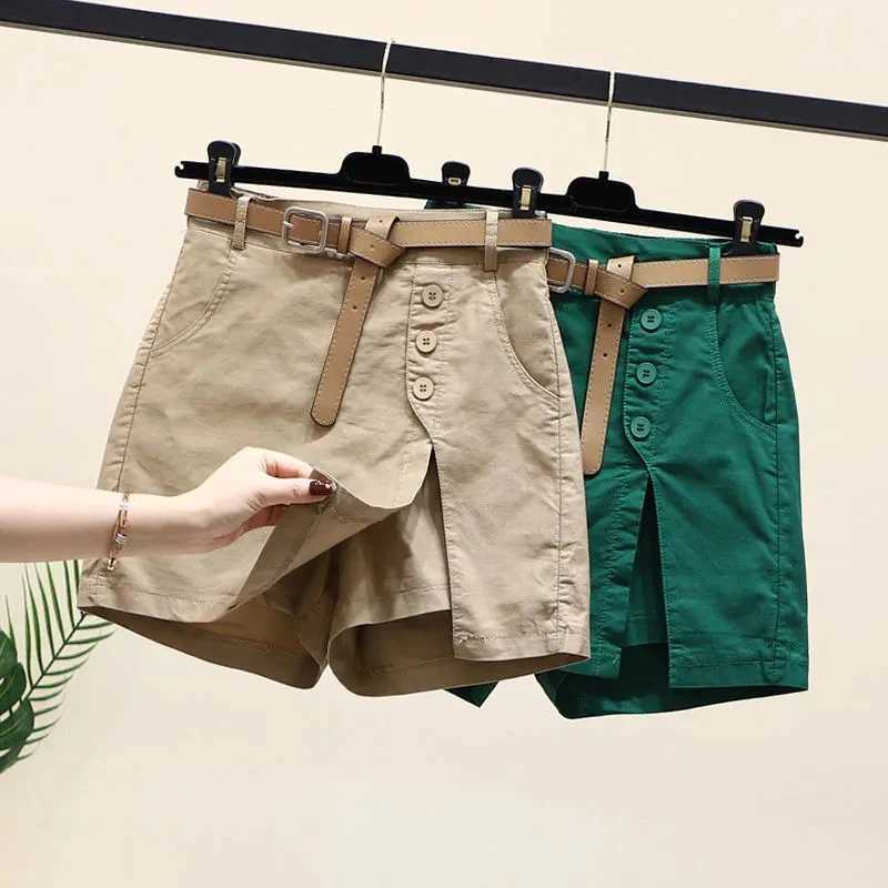 Chic Shorts Women Belt Korean Solid Buttons Side Slit A-line Streetwear Fashion Skirts Chic Harajuku Summer Loose PantsXJ241221