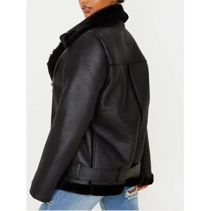 Elegant Women Faux Lamb Wool Fur Leather Jacket Winter Fashion Lady Sashes Black Outerwear Streetwear Female Zipper Suits 241216