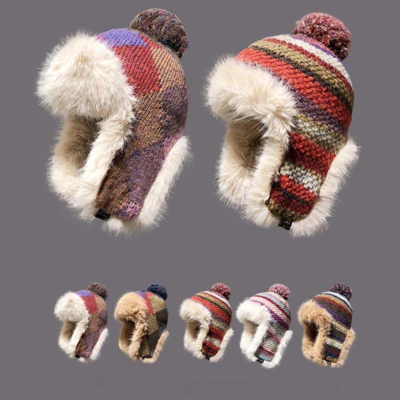 Japanese plush plain weave mens and womens Lei Feng hats imitating rabbit fur for warmth and ear protection knitted Russian hats 241220
