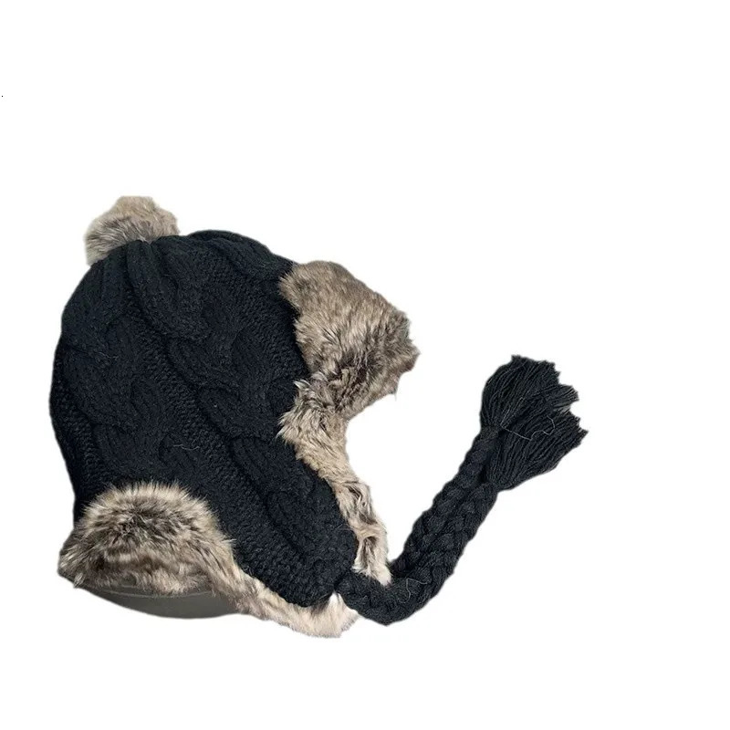 Winter faux fur plush Lei Feng hat with fashionable twisted texture windproof bicycle ear protection knitted bomber hat 241220