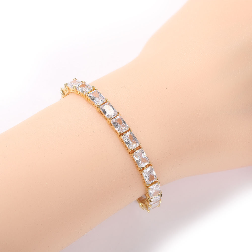 New In Hip Hop Bling Rectangular Cubic Zircon Bracelet Spring Buckle Trendy 16k Gold Square Cz Stones Tennis Bracelets Wolf Tide Full Gemstone Bijoux 