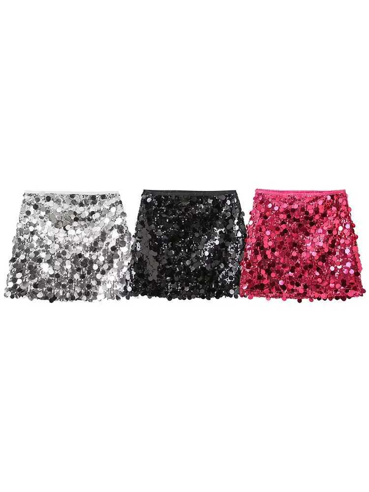 Willshela Women Fashion With Sequined Solid Side Zipper Mini Skirt Vintage High Waist Fe Chic Lady SkirtsXJ241221