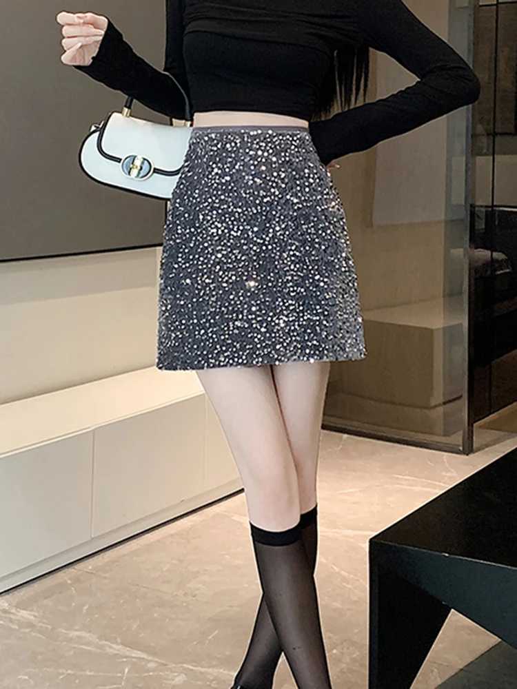 Womens New 2024 Summer Sexy Casual High Waisted Slim A-line Buttock Short Skirt Womens Design Silver Sparkling Glitter SequinXJ241221