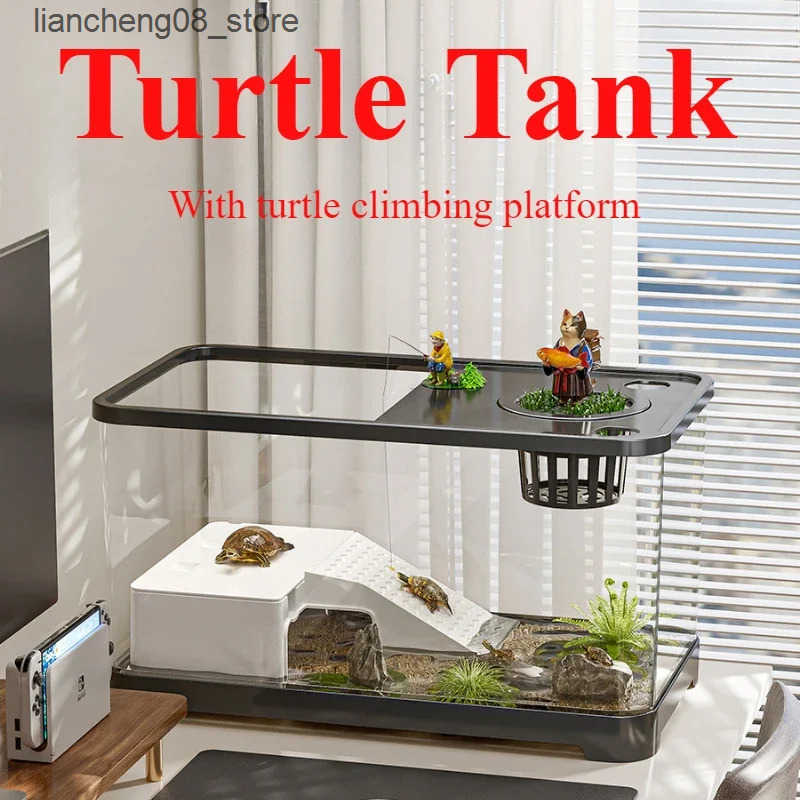 Other Pet Supplies Large transparent turtle tank with basket platform high-definition PET+ABS plastic drip proof aquarium fish tank reptile box L24091