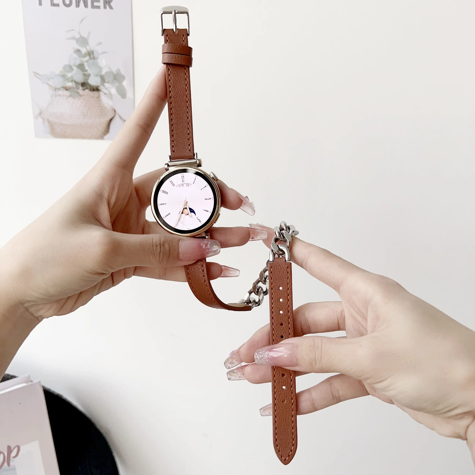 18mm Chain leather strap watch band For Huawei Watch GT4 5 41mm Smartwatch strap for women girl lady 241220
