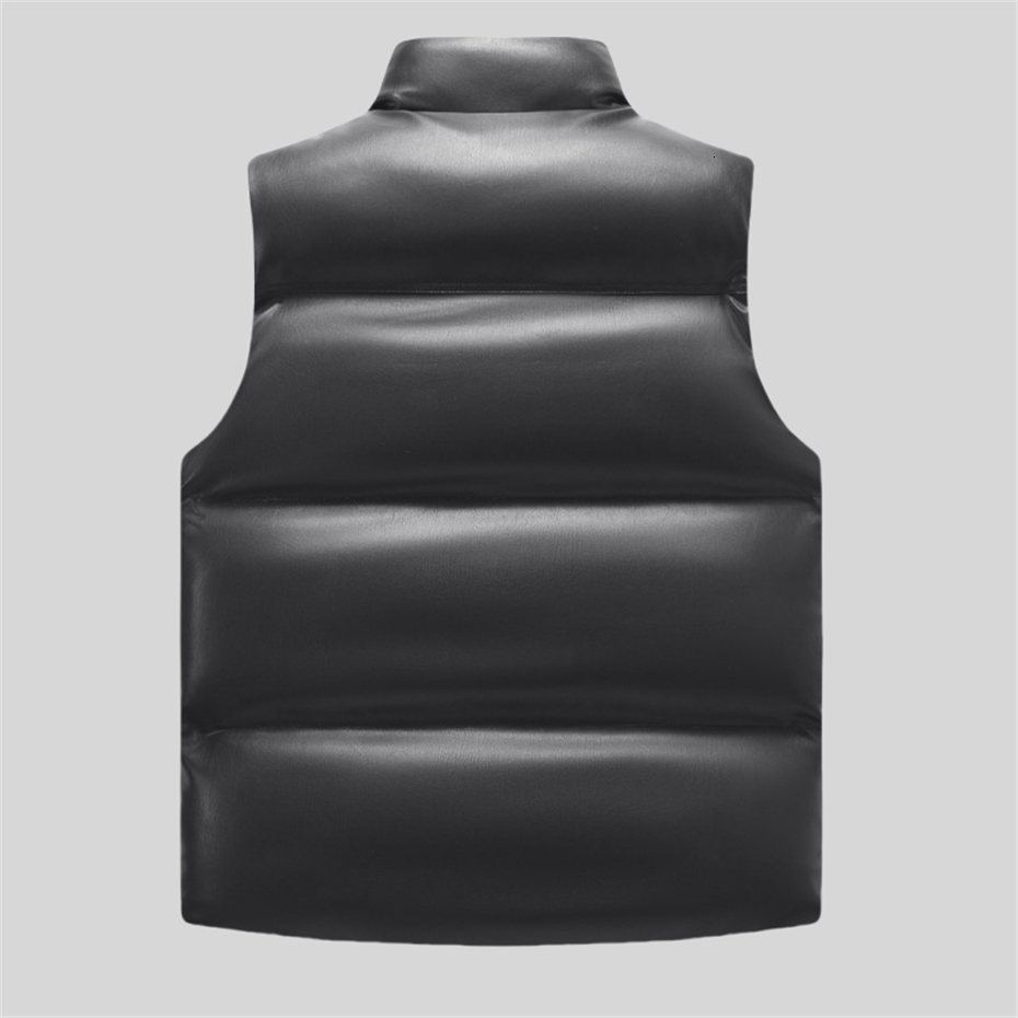 Windproof PU Leather Vest Winter Sleeveless Jacket Padded Coat Men Zipper Warm Thicken Waistcoat Thick Gilet Black Jackets