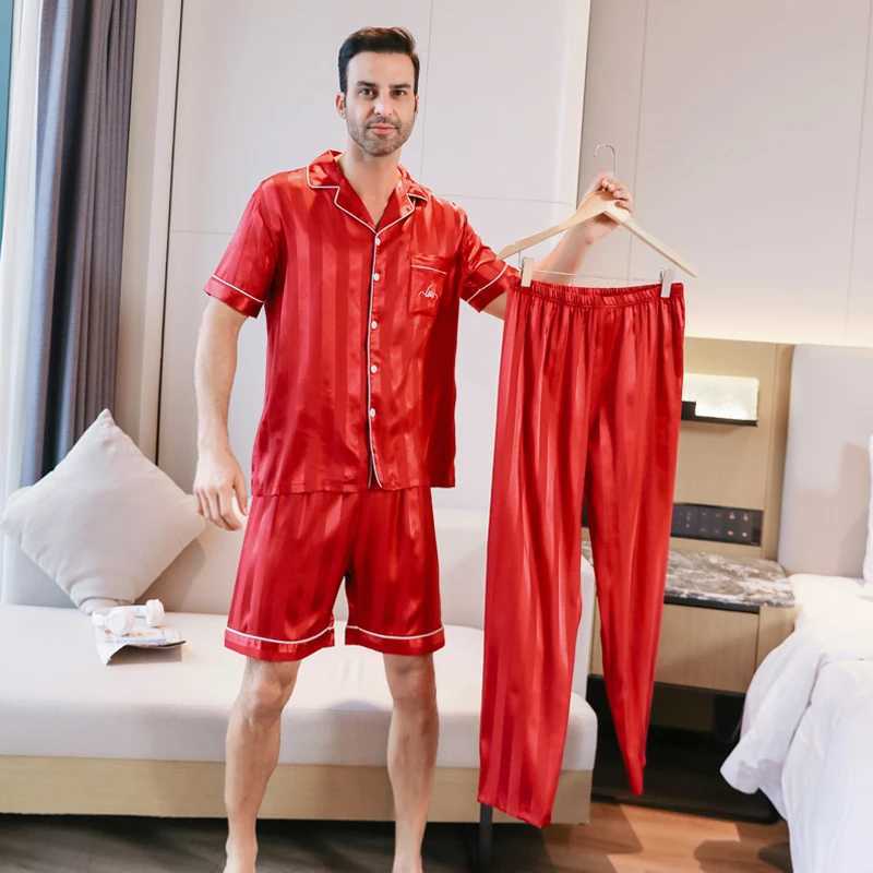 3-piece set of combination pajamas mens short sleeved pants ice silk summer stripes embroidered pajamas W241221