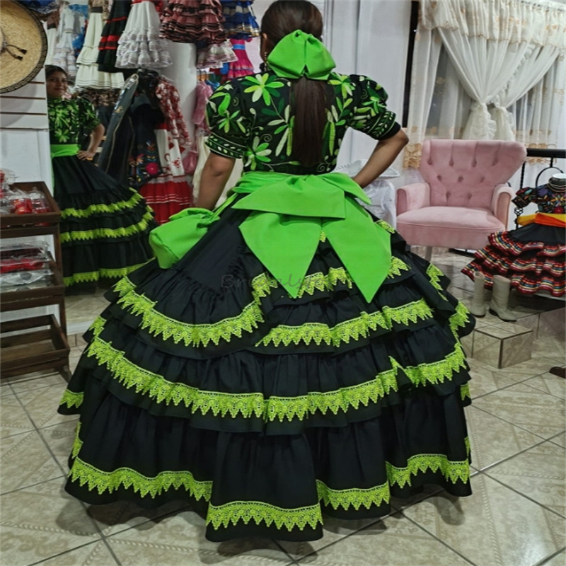 Black And Green Mexican Quinceanera Dresses Short Sleeve Charro Embroider Birthday Party Gown With Bow Vestidos De 15 Anos Xv Debutante Halloween Cosp