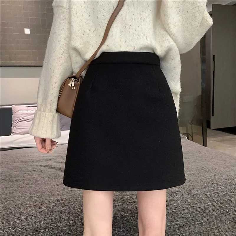 Black Woolen Skirt Womens New 2023 Autumn Winter High-waisted Slimming Mini Dress A- line PetiteXJ241221